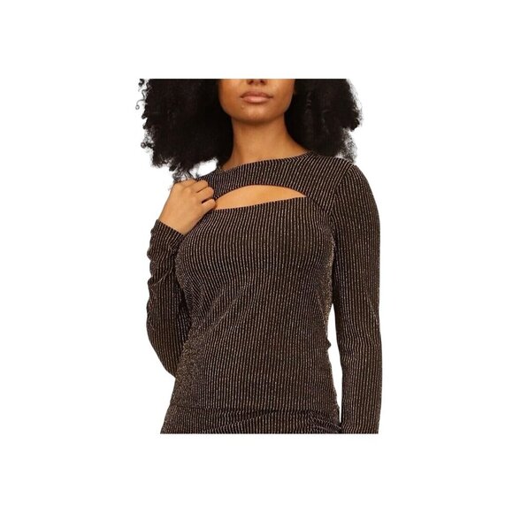 Michael Kors Women Size S Black Gold Cut Out Blouse Edgy Stretch Long Sleeve NWT - Picture 1 of 12